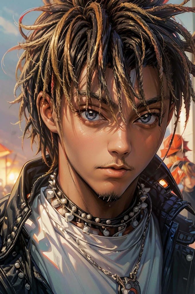 best quality, masterpiece, ultra high res, (anime style:1.2), (juicewrld:1) as Naruto, 1boy, ((solo)), facial hair, simple background, dreadlocks, looking at viewer, upper body