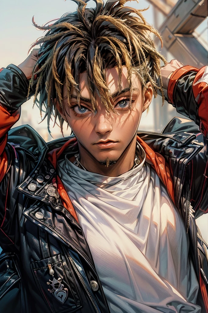 best quality, masterpiece, ultra high res, (anime style:1.2), (juicewrld:1) as Naruto, 1boy, ((solo)), facial hair, simple background, dreadlocks, looking at viewer, upper body