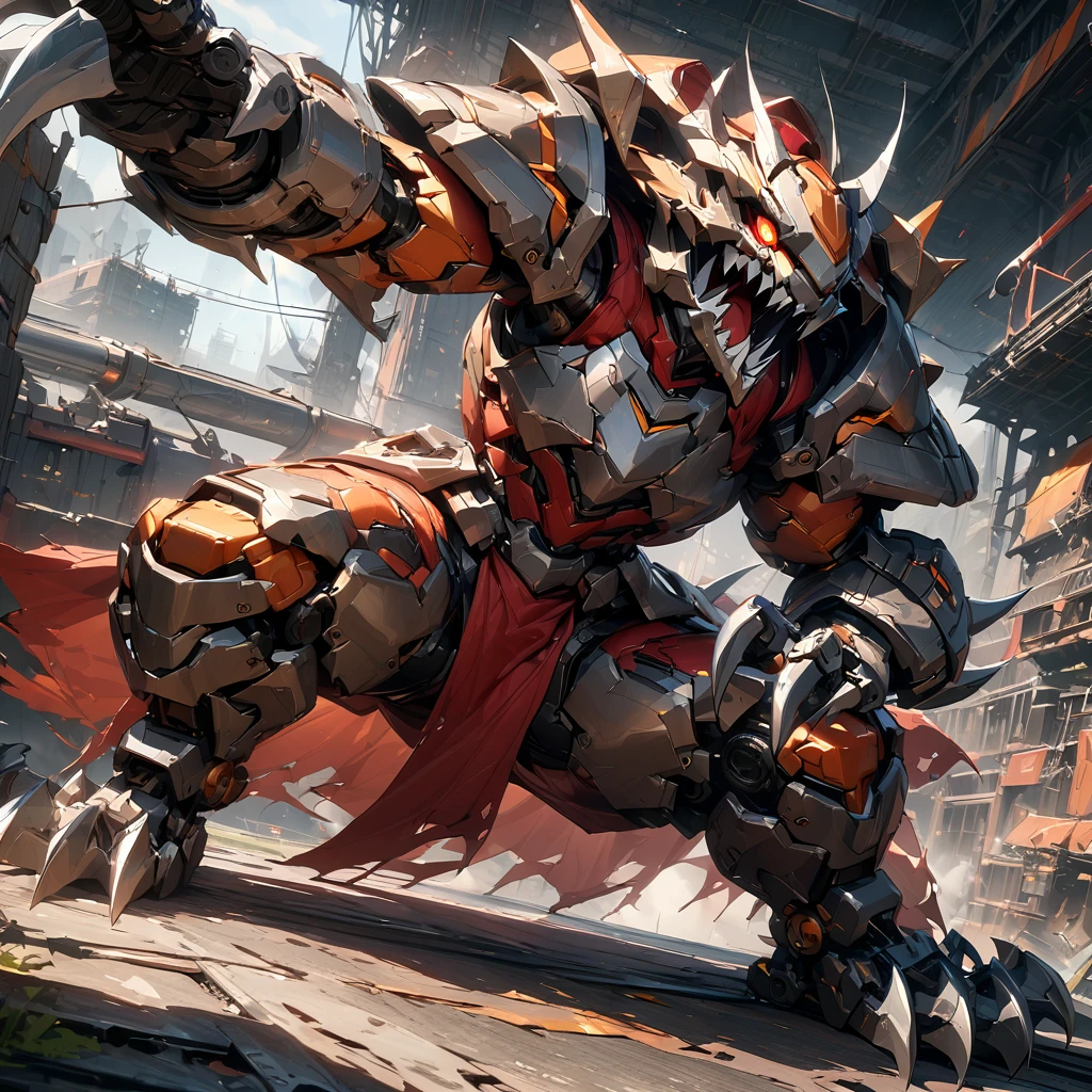 Create an image of a robotic mechanical beast in the form of a tiger, equipped with weaponry such as laser cannons and missiles suitable for a science fiction story. The mechanical tiger should have intricate details with gears, pistons, and metallic plates, glowing red eyes, steam coming out from its joints, visible wiring, hydraulic tubes, and a sense of wear and tear. It should have an aggressive stance, ready to pounce, with sharp claws and teeth made of polished steel, set against a dark, industrial background with hints of machinery and metal structures, ((Masterpiece)), ((Best Quality)), (Very Detailed), ((Very Detailed)), 4K, (8K), very aesthetic, absurdres highres,