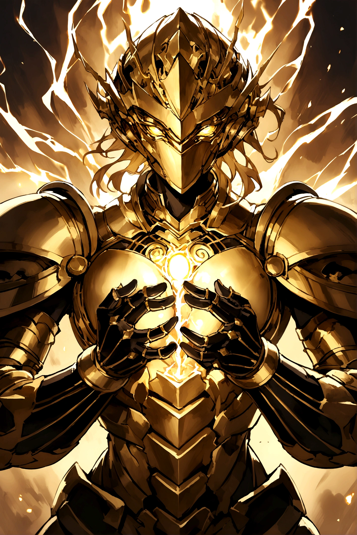 A black and slighty gold armor made of ancient technology and magic with red lightning and energy in its chest and hands