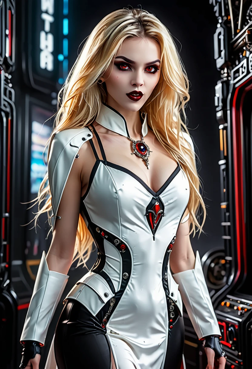 ((a photorealistic glamour shot of an exquisite, glamour mecha female vampire: 1.5)), ((full body: 1.3)), ultra feminine, pale face, golden hair, long vibrant shiny hair, glamorous hair,  red eyes, miniatures mechanical , deep penetrating eyes, red lips, lustful lips, ((two visible vampiric fangs: 1.5), drops of blood dripping from the mouth, ((cyberpunk style: 1.5)), she wears (white elegant glamour dress, with small delicate mechanical parts: 1.4), digital parts,  intricate details, the dress is studded with diamonds, tight suit, dynamic color, high heels, cyberpunk street at night background, (highest quality:1.2, Very detailed, up to date, Vibrant, Ultra-high resolution, High Contrast, masterpiece:1.2, highest quality, Best aesthetics), best details, best quality, highres, ultra wide angle, 16k, [ultra detailed], masterpiece, best quality, (extremely detailed), Genetically modified..., Cinematic Hollywood Film, nijimecha, aetherpunkai