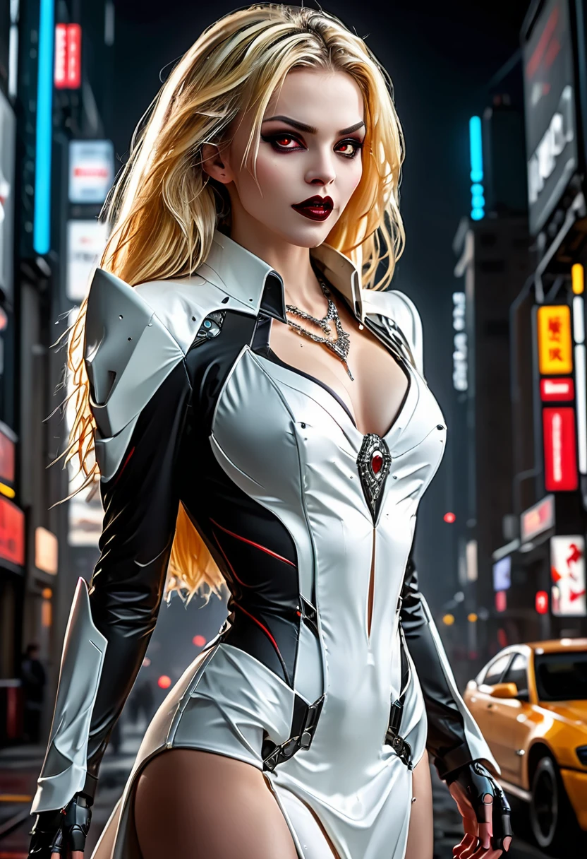 ((a photorealistic glamour shot of an exquisite, glamour mecha female vampire: 1.5)), ((full body: 1.3)), ultra feminine, pale face, golden hair, long vibrant shiny hair, glamorous hair,  red eyes, miniatures mechanical , deep penetrating eyes, red lips, lustful lips, ((two visible vampiric fangs: 1.5), drops of blood dripping from the mouth, ((cyberpunk style: 1.5)), she wears (white elegant glamour dress, with small delicate mechanical parts: 1.4), digital parts,  intricate details, the dress is studded with diamonds, tight suit, dynamic color, high heels, cyberpunk street at night background, (highest quality:1.2, Very detailed, up to date, Vibrant, Ultra-high resolution, High Contrast, masterpiece:1.2, highest quality, Best aesthetics), best details, best quality, highres, ultra wide angle, 16k, [ultra detailed], masterpiece, best quality, (extremely detailed), Genetically modified..., Cinematic Hollywood Film, nijimecha, aetherpunkai