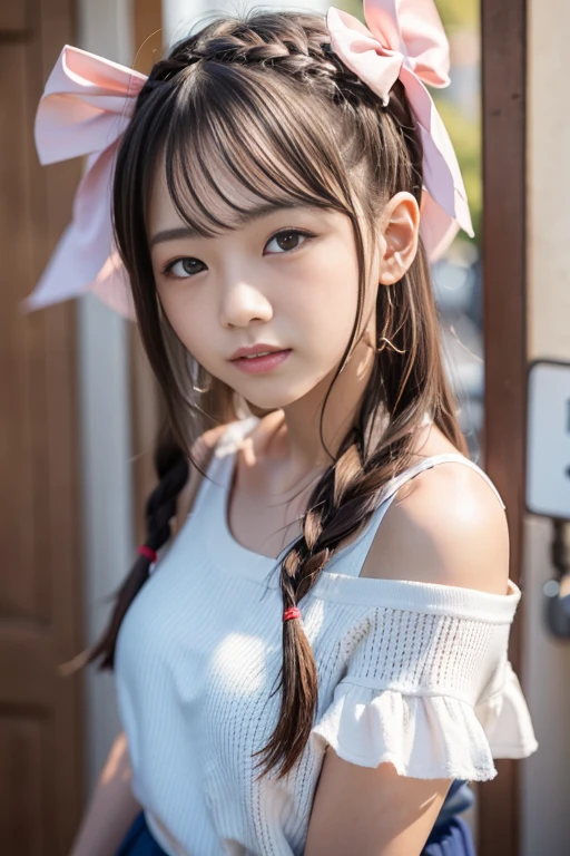 there is a young girl in a pink dress and a pink bow, cute kawaii girl, chiho, young gravure idol, realistic young gravure idol, young pretty gravure idol, close up iwakura lain, small girl, shikamimi, close up of a young anime girl, girl cute-fine-face