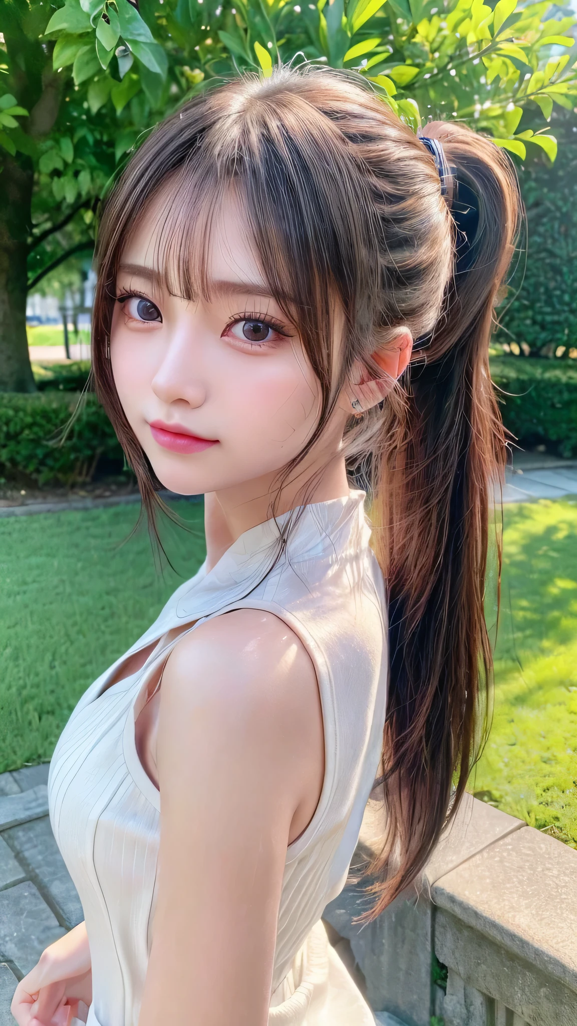 One piece with collar,outdoors,Urban Park,On the lawn,Ultra-detailed, finely detail, hight resolution, 8K Wallpaper, Perfect dynamic composition, Beautiful detailed eyes,Outdoor,Close-up of face,Outdoor,Blushing,Facing forward,,Long hair ponytail,((8k, Raw photo, Best Quality, Mastepiece:1.2), (Realism, Photorealistic:1.4), (Highly detailed 8K wallpapers), Depth of written boundary, Cinematic Lighting, Soft Light, Detailed Beauty Eye,Shiny and smooth light brown ponytail, Asymmetrical bangs, Shiny skin, Ultra-detailed skins ,It is high resolution., High detail, Detailed hairstyle, Detailed facial beauty, Hyper-realistic, Perfect limbs, Perfect Anatomy ,1 Japanese girl,Famous Japanese Idols, Perfect female body,A shy smile,Short eyelashes,Double-edged eyelids,Look straight here,Hair style: ponytail,