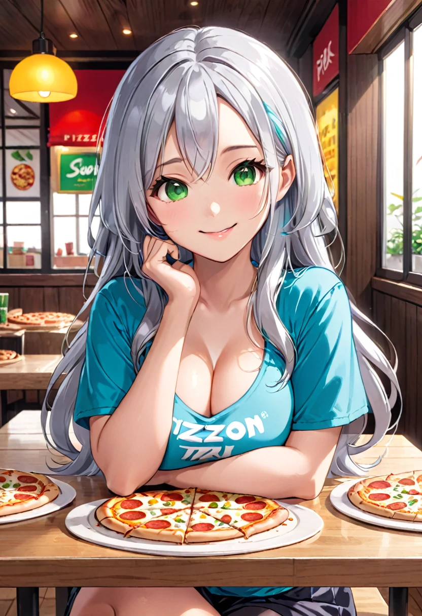 Pretty asian woman, bright silver hair, long hair, green eyes,  tshirt, perfect face, busty, sitting at a table, cute pose, pizzaon the table, anime style , smiling