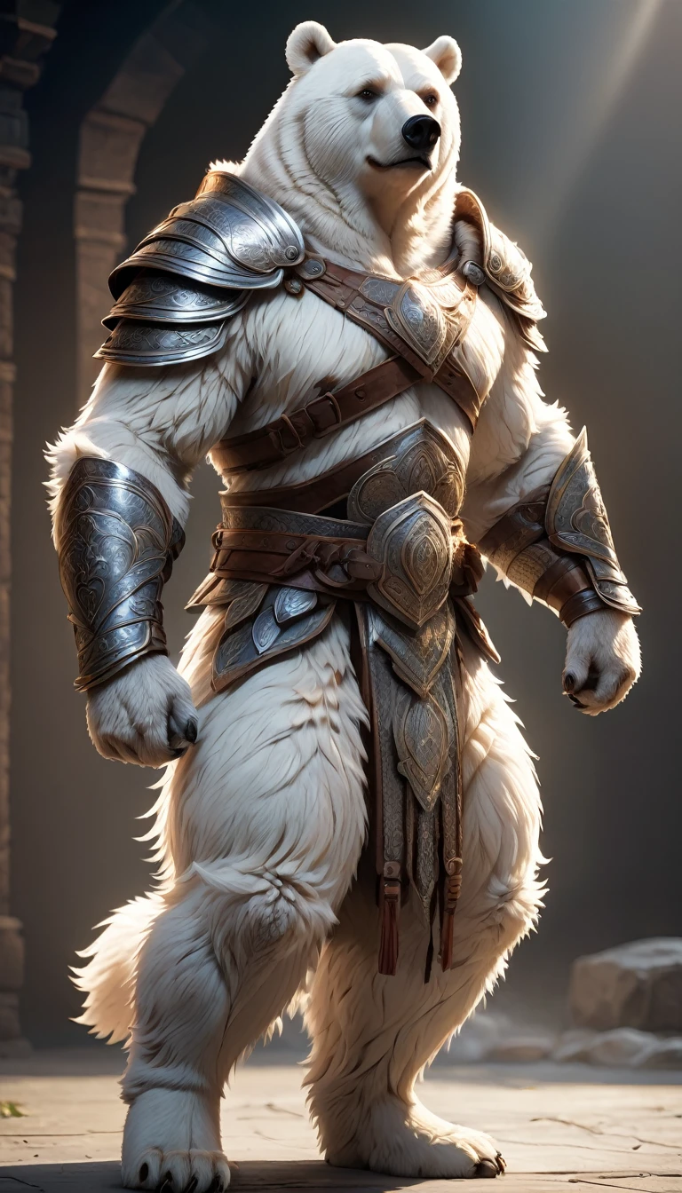 A white bear warrior in full body shot, facing forward, hyperrealistic, intricate details, highly realistic, cinematic lighting, dramatic pose, fur texture, muscular body, intense expression, medieval armor, fantasy art, cinematic angle, dramatic lighting, muted color palette