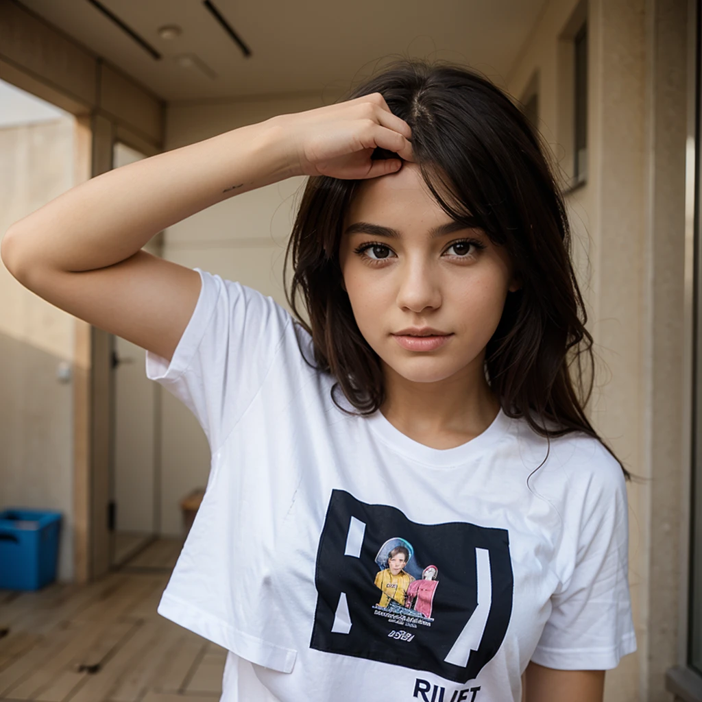 Girl holding up a t-shirt