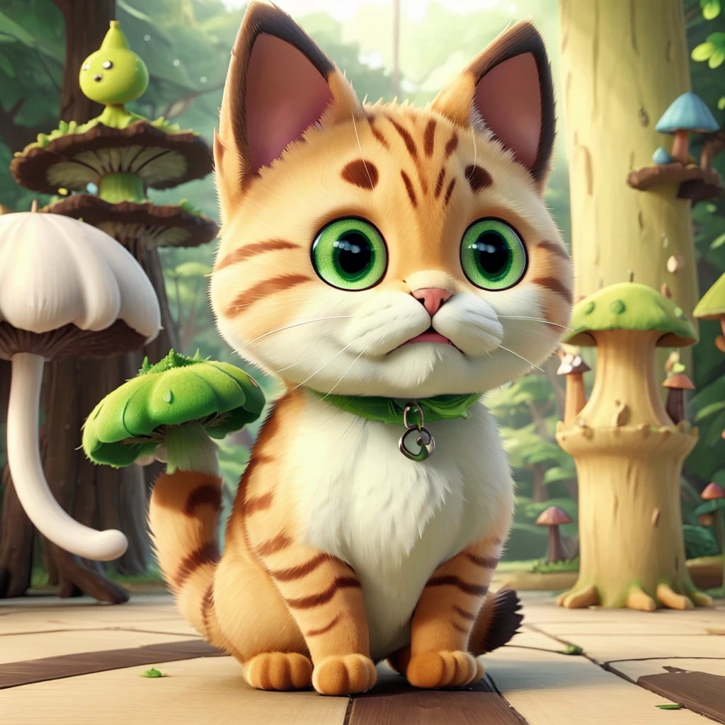 Cat ate green poisonous mushroom,Turned into a poisonous mushroom cat。Cat with matcha green poisonous mushroom on its head,like a ha body is like a poisonous mushroom,body becomes round,The feet also become round and short,But without losing the cat’s hair。 Eyes become round and too big,One green eye,The other eye is sapphire blue。