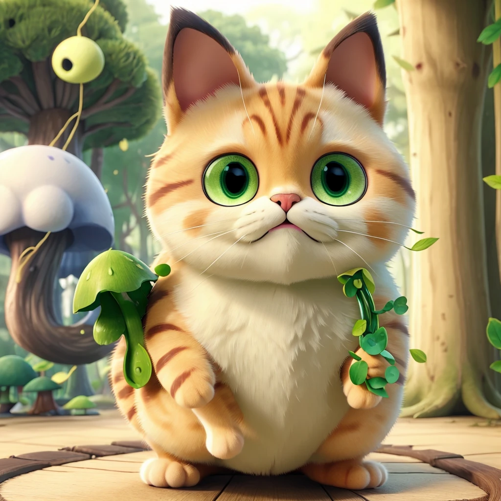 Cat ate green poisonous mushroom,Turned into a poisonous mushroom cat。Cat with matcha green poisonous mushroom on its head,like a ha body is like a poisonous mushroom,body becomes round,The feet also become round and short,But without losing the cat’s hair。 Eyes become round and too big,One green eye,The other eye is sapphire blue。