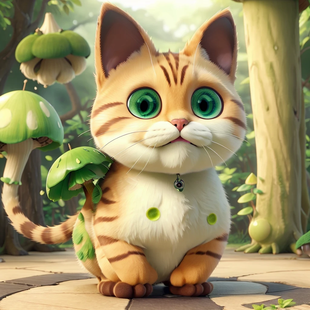 Cat ate green poisonous mushroom,Turned into a poisonous mushroom cat。Cat with matcha green poisonous mushroom on its head,like a ha body is like a poisonous mushroom,body becomes round,The feet also become round and short,But without losing the cat’s hair。 Eyes become round and too big,One green eye,The other eye is sapphire blue。
