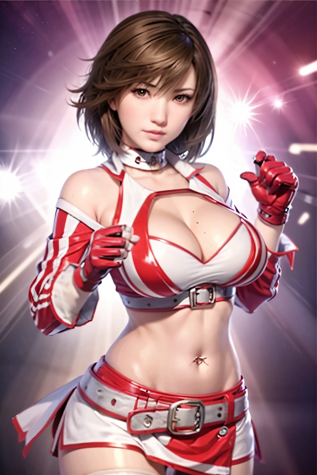 (best Quality:1.8), cowboy shot, Reiko, breasts, (very high resoultion:1.6), short hair, skirt, brown hair, thighhighs, gloves, navel, cleavage, brown eyes, boots, midriff, belt, miniskirt, crop top, piercing, race queen, navel piercing, fingerless gloves, clothing cutout, cleavage cutout, choker, biceps, (upper body:1,4), long belly, stretching
