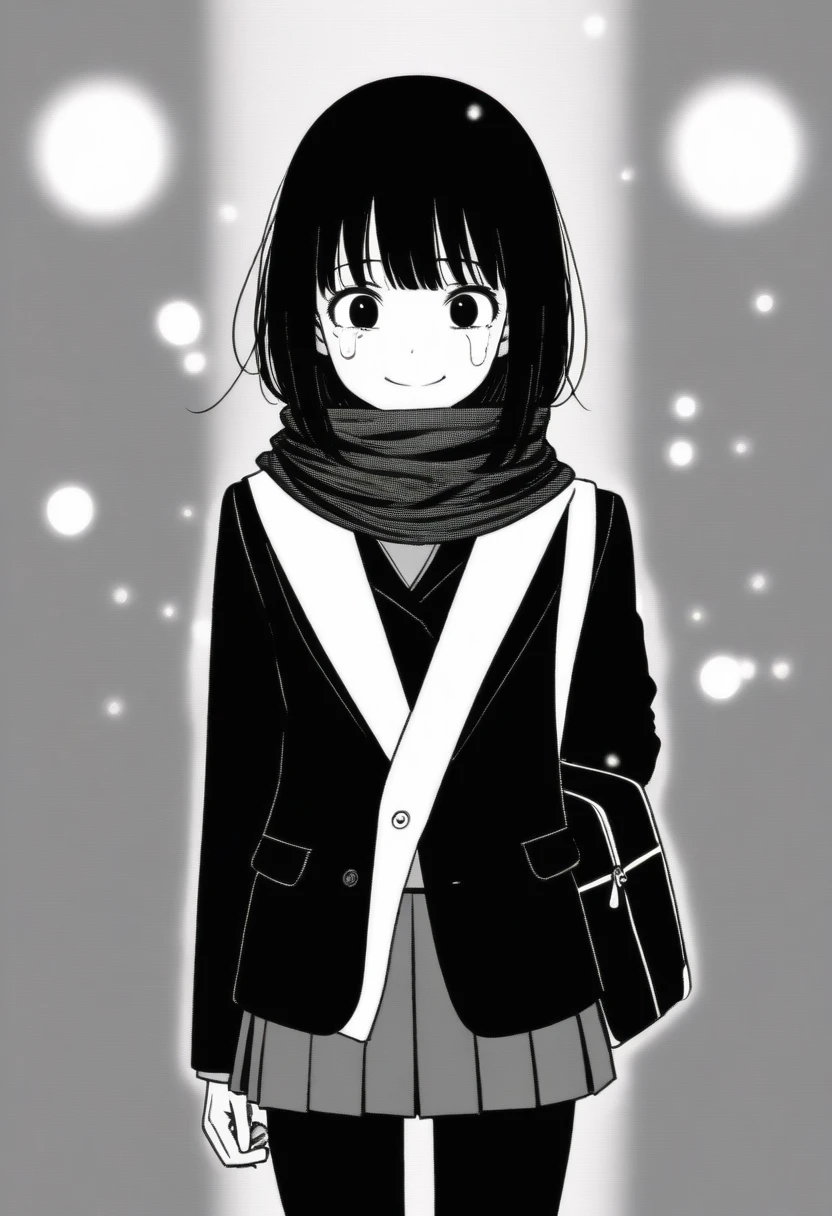 masterpiece, best quality, 1girl, mamerakkkkko, grayscale, manga style, japanese, chi no wadachi, black eyes, street, iced, black hair, schoolbag, smile, lineart, black coat, black scarf, black pleated skirt, leggins, centered, 18 years old, tall, fair skinned, bokeh background, crying, tears, straight-on, tears streaming, bob cut, light particles, centered, snowing