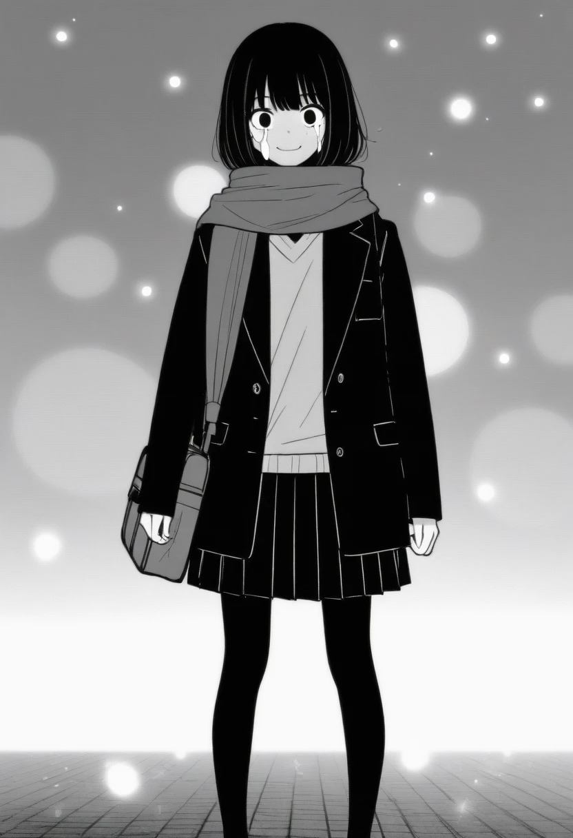 masterpiece, best quality, 1girl, mamerakkkkko, grayscale, manga style, japanese, chi no wadachi, black eyes, street, iced, black hair, schoolbag, smile, lineart, black coat, black scarf, black pleated skirt, leggins, centered, 18 years old, tall, fair skinned, bokeh background, crying, tears, straight-on, tears streaming, bob cut, light particles, centered, snowing