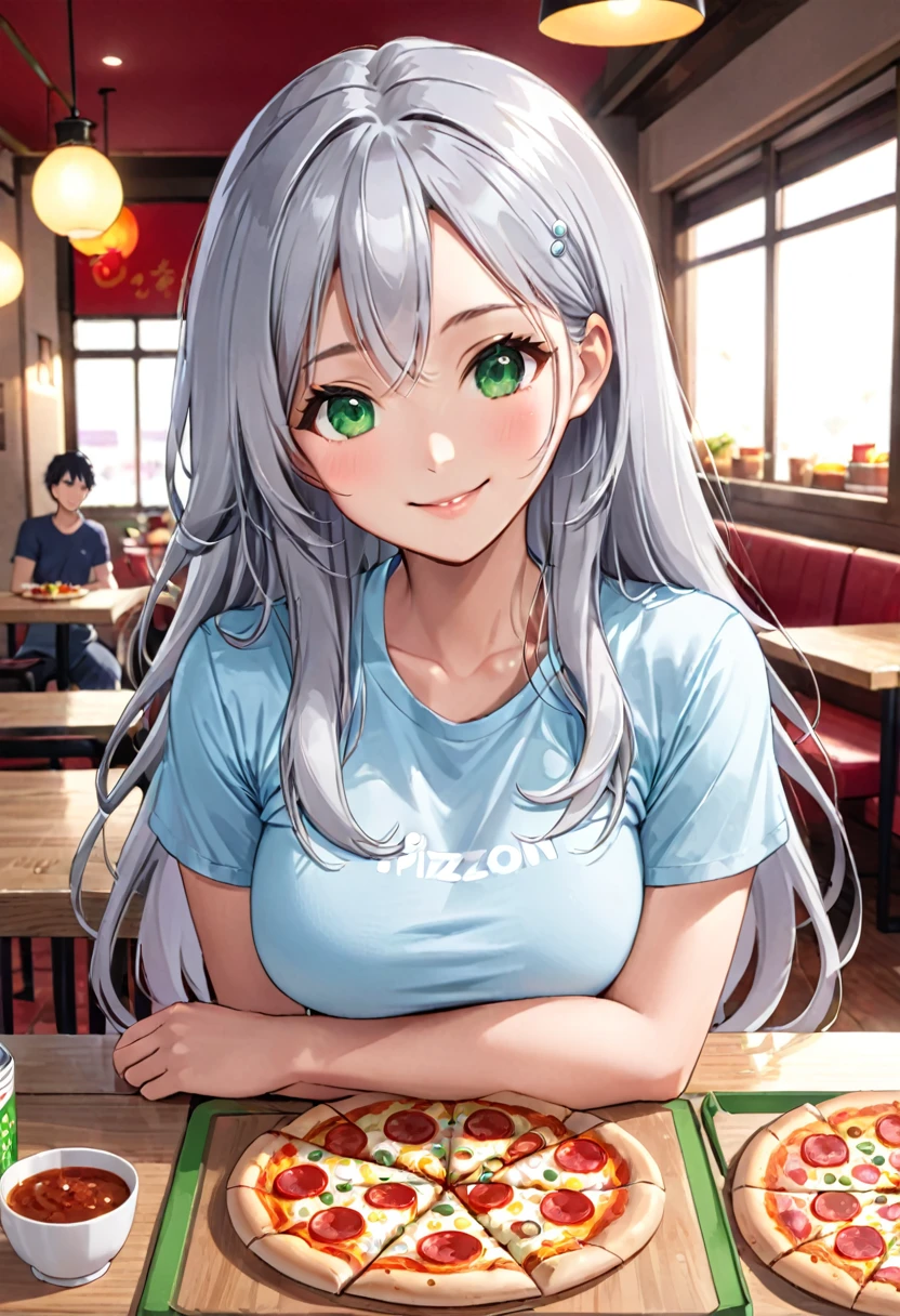 Pretty asian woman, bright silver hair, long hair, green eyes, tshirt, perfect face, busty, sitting at a table, cute pose, pizzaon the table, anime style , smiling