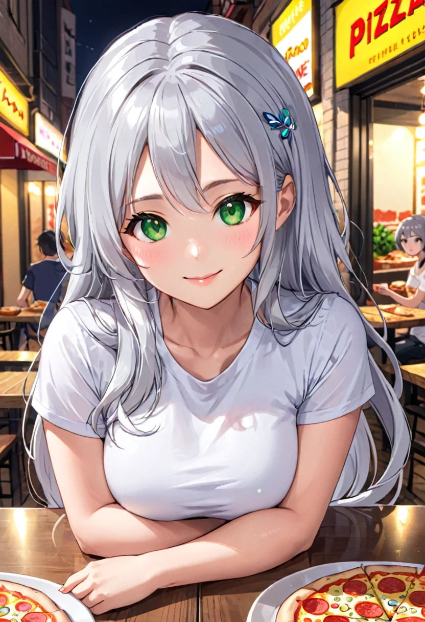 Pretty asian woman, bright silver hair, long hair, green eyes, tshirt, perfect face, busty, sitting at a table, cute pose, pizzaon the table, anime style , smiling