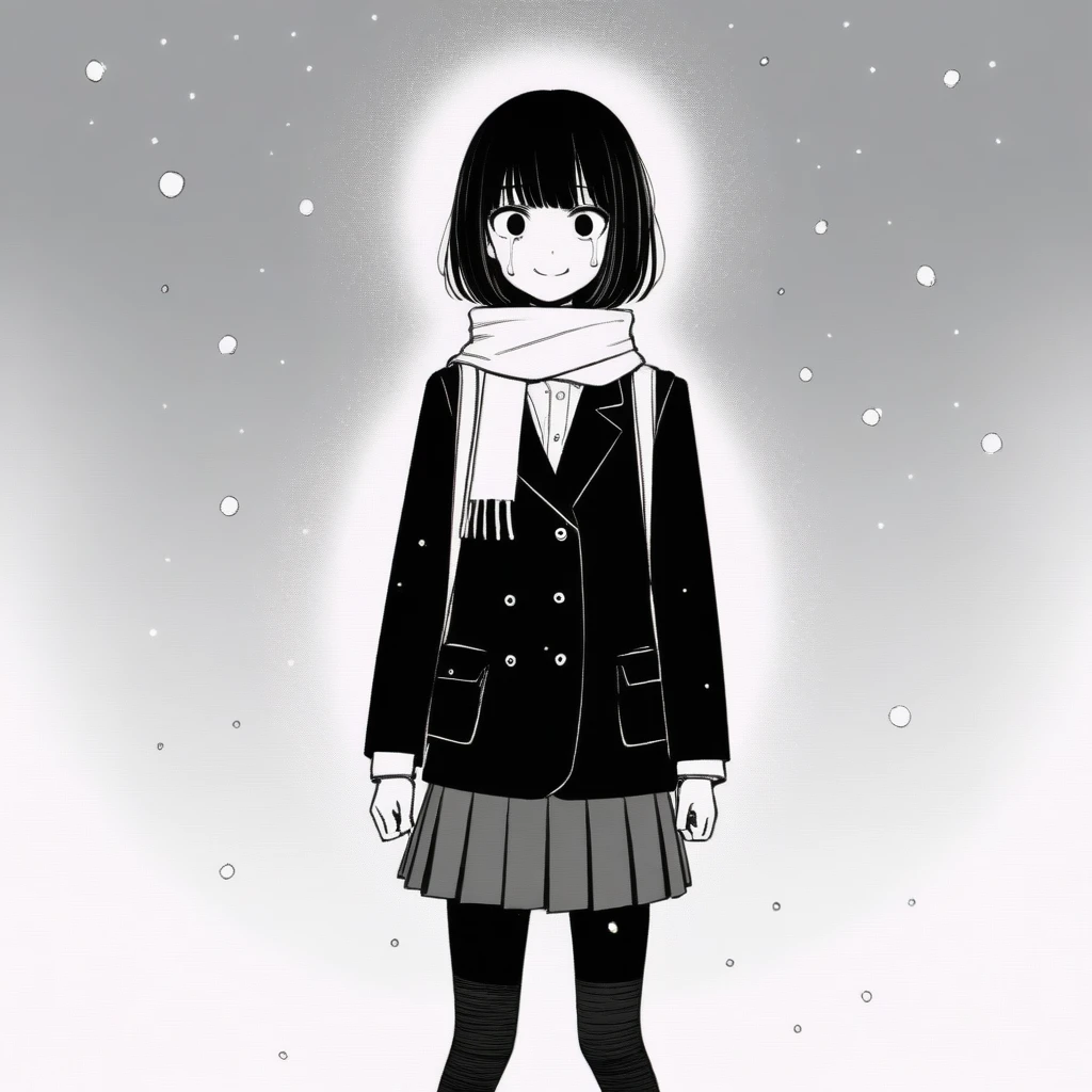 masterpiece, best quality, 1girl, mamerakkkkko, grayscale, manga style, japanese, chi no wadachi, black eyes, street, iced, black hair, schoolbag, smile, lineart, black coat, black scarf, black pleated skirt, leggins, centered, 18 years old, tall, fair skinned, bokeh background, crying, tears, straight-on, tears streaming, bob cut, light particles, centered, snowing