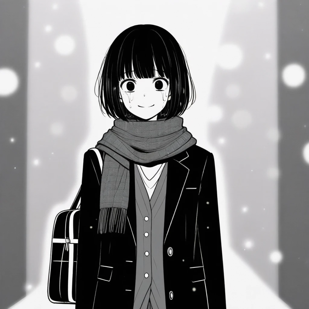 masterpiece, best quality, 1girl, mamerakkkkko, grayscale, manga style, japanese, chi no wadachi, black eyes, street, iced, black hair, schoolbag, smile, lineart, black coat, black scarf, black pleated skirt, leggins, centered, 18 years old, tall, fair skinned, bokeh background, crying, tears, straight-on, tears streaming, bob cut, light particles, centered, snowing