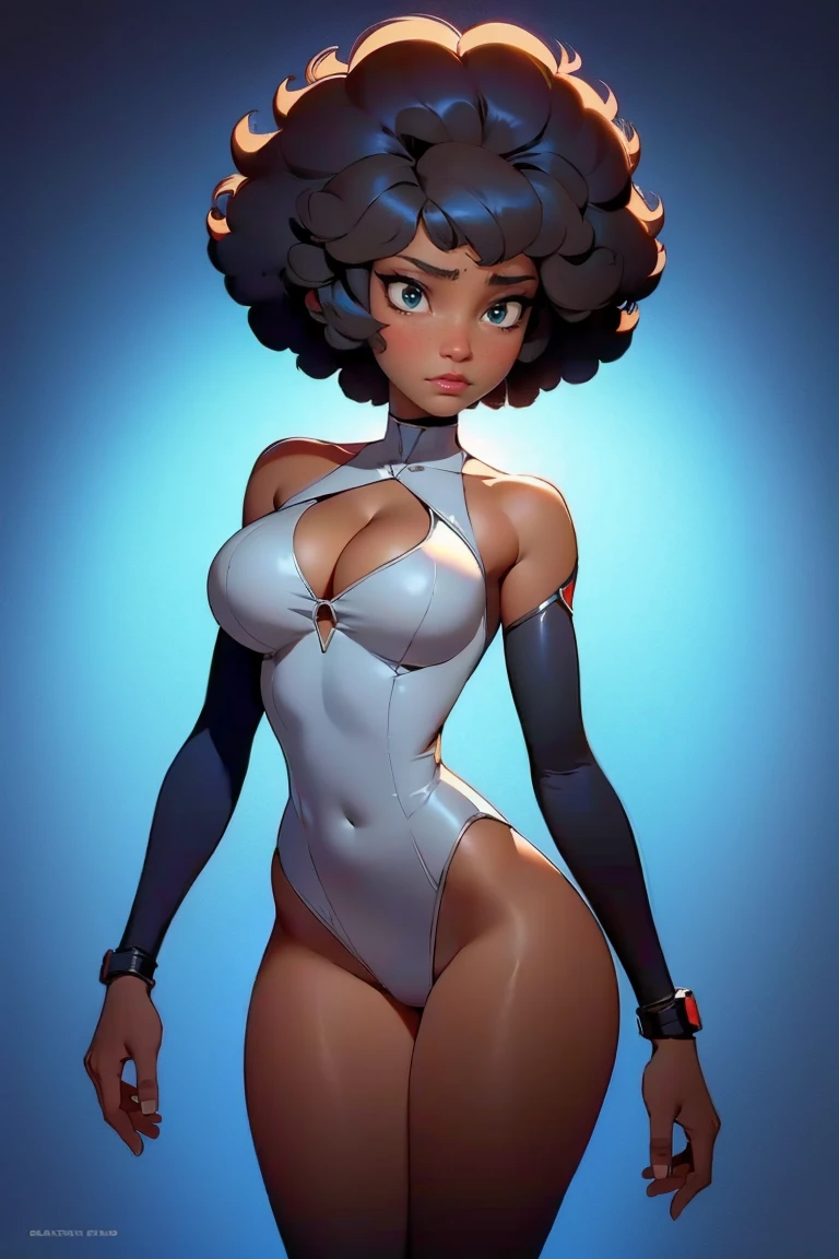 afro american girl, dark skin, behind view, afro haircut, 1 girl, solo, cleavage, medium perky , wide hips