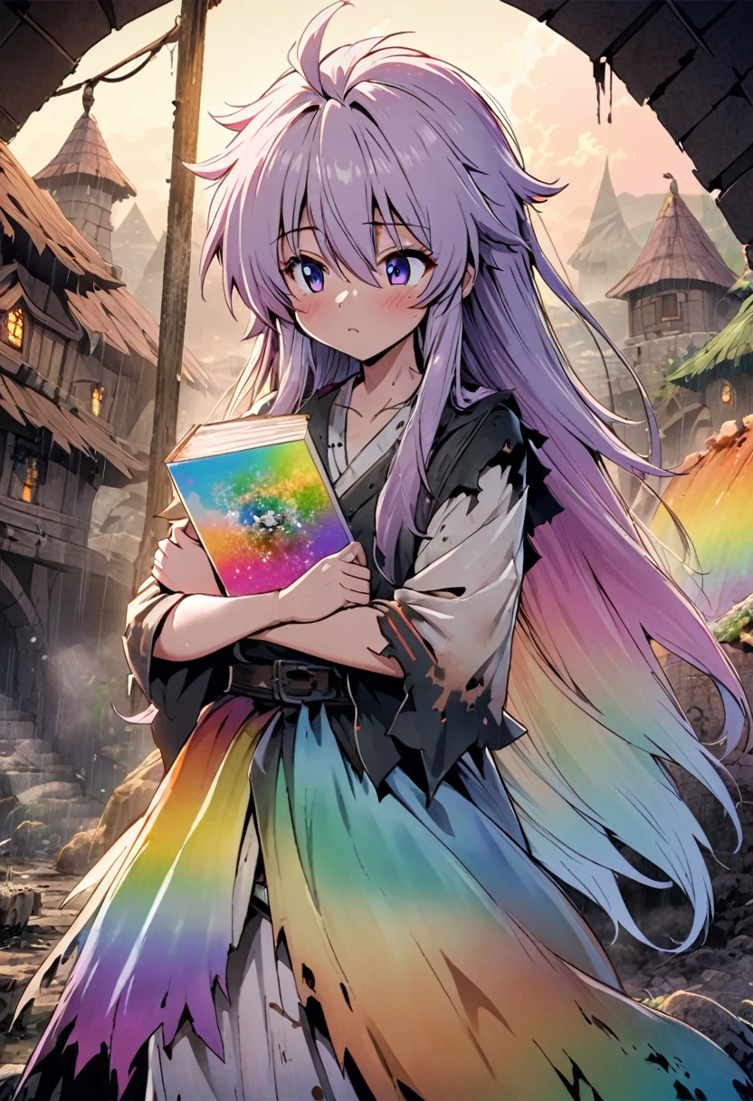 An ethereal sultryseductivedemonic 20 year old anime male druid with metallic long hair and tattoos, intimately holding and almost kissing a 20 year old anime male, anime druid demon male hellscape at night, manga inspired by Masashi Wakui, rainbow color palette, atmospheric fog, decay, worn textures, rain-soaked fantasy village, manga-style illustration --s 150 --ar 1:2 --c 5 Removed From Image