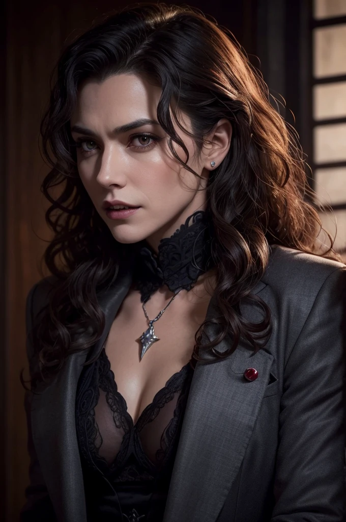 A vampire of approximately 40 years old, do clã ventrue, with curly hair, barba, stark, multimillionaire, extremely violent but also seductive