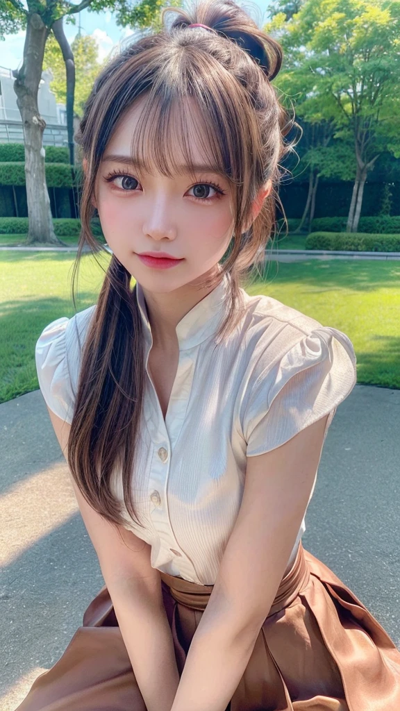 One piece with collar,outdoors,Urban Park,On the lawn,Ultra-detailed, finely detail, hight resolution, 8K Wallpaper, Perfect dynamic composition, Beautiful detailed eyes,Outdoor,Close-up of face,Outdoor,Blushing,Facing forward,,Long hair ponytail,((8k, Raw photo, Best Quality, Mastepiece:1.2), (Realism, Photorealistic:1.4), (Highly detailed 8K wallpapers), Depth of written boundary, Cinematic Lighting, Soft Light, Detailed Beauty Eye,Shiny and smooth light brown ponytail, Asymmetrical bangs, Shiny skin, Ultra-detailed skins ,It is high resolution., High detail, Detailed hairstyle, Detailed facial beauty, Hyper-realistic, Perfect limbs, Perfect Anatomy ,1 Japanese girl,Famous Japanese Idols, Perfect female body,A shy smile,Short eyelashes,Double-edged eyelids,Look straight here,Hair style: ponytail,