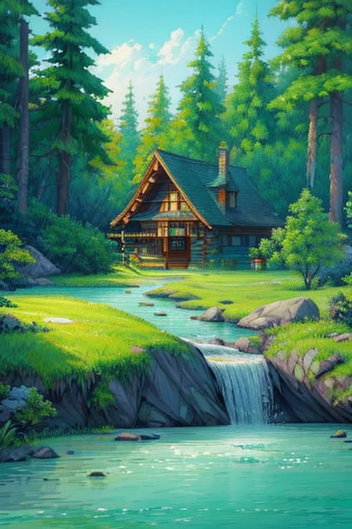 a cabin with trees in the back with a touch of nature with a beautiful river during the day 