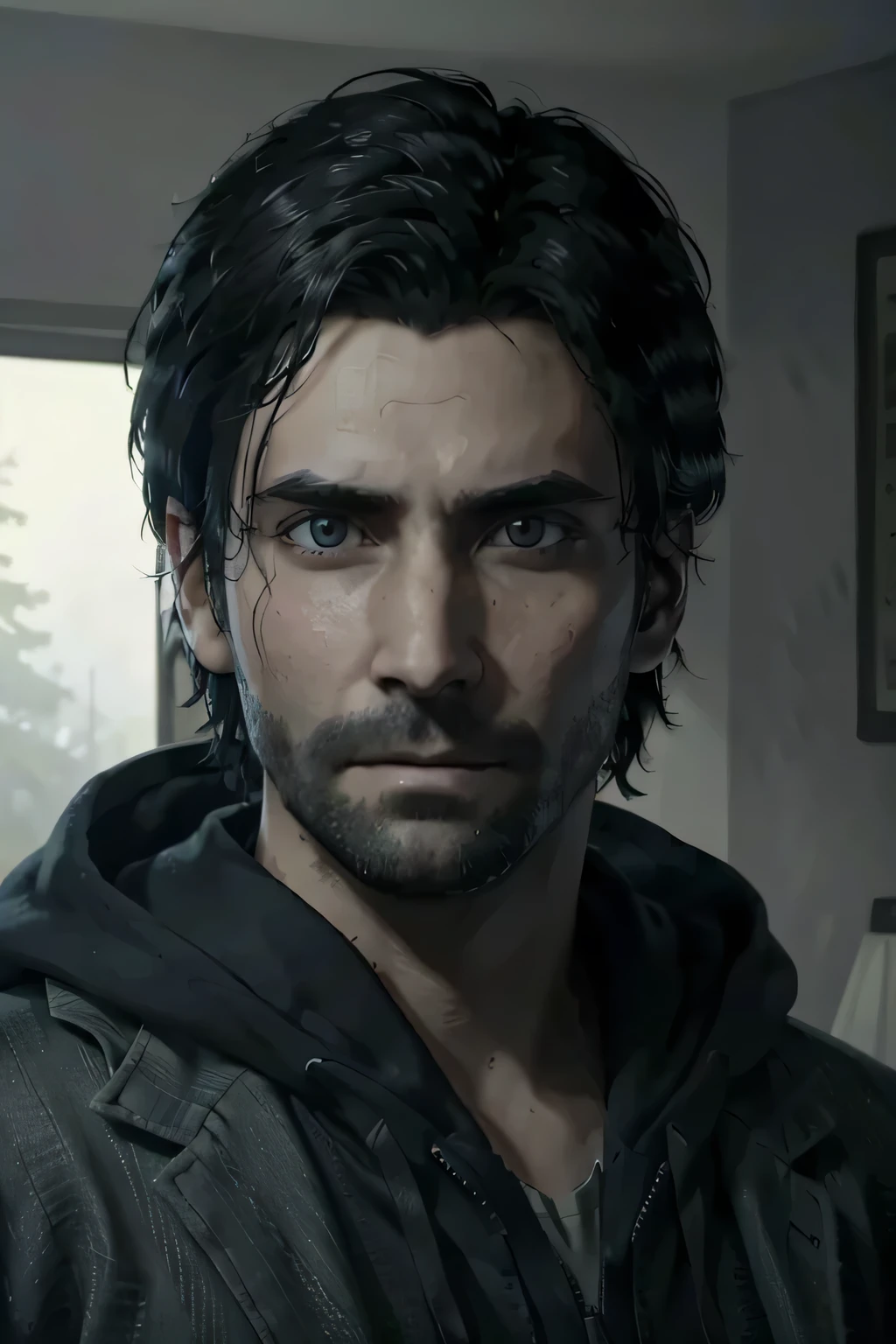 (masterpiece, Best quality:1.3)
Alan Wake, One, black hair, in room, facial hair, 1 boy, portrait, Bandage, beard, realistic, bristle, animation