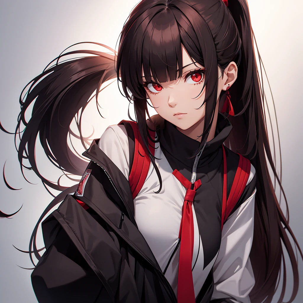 Tall girl Red eyes Dark hair Ponytail with fringe Front face 