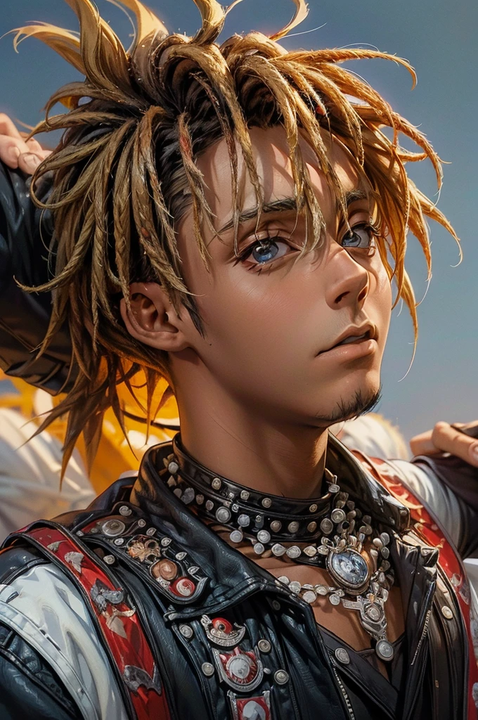 best quality, masterpiece, ultra high res, (anime style:1.2), (juicewrld:1) as Naruto, 1boy, ((solo)), facial hair, simple background, dreadlocks, looking at viewer, upper body