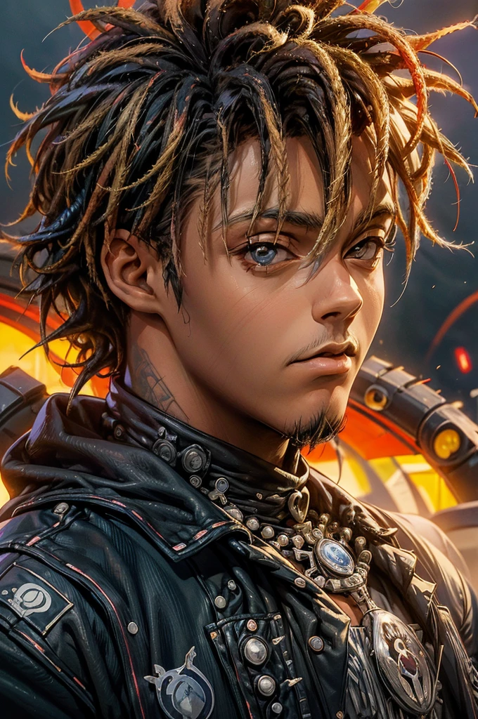 best quality, masterpiece, ultra high res, (anime style:1.2), (juicewrld:1) as Naruto, 1boy, ((solo)), facial hair, simple background, dreadlocks, looking at viewer, upper body