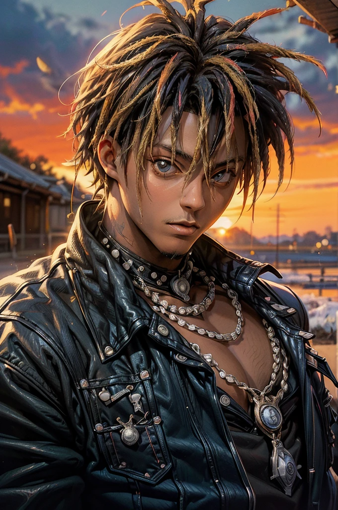 best quality, masterpiece, ultra high res, (anime style:1.2), (juicewrld:1) as Naruto, 1boy, ((solo)), facial hair, simple background, dreadlocks, looking at viewer, upper body