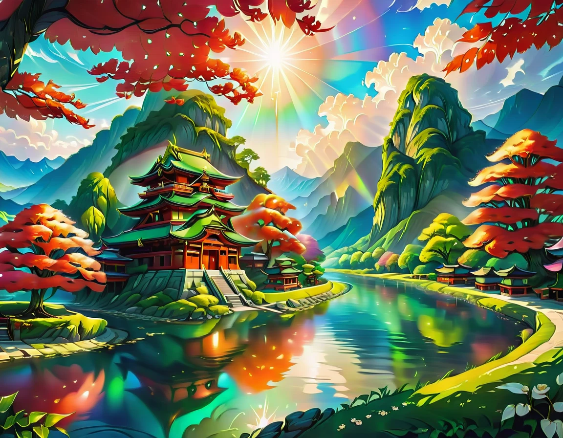 a National Geographic picture of dark Japanese medieval temple, as the sun rises in the horizon, it sits on the bank of a river near surrounded by cherry trees, almond trees, Japanese maple trees, (all trees in many colorful shades of green, red, pin, orange: 1.5) ((all scenery is reflected in the river: 1.5)), an epic ancient Japanese medieval temple, ancient and epic in its majestic antiquity, a sense of serenity, tranquility, divine rays, some clouds, sun rays, (highest quality:1.2, Very detailed, up to date, Vibrant, Ultra-high resolution, High Contrast, masterpiece:1.2, highest quality, Best aesthetics), best details, best quality, highres, ultra wide angle, 16k, [ultra detailed], masterpiece, best quality, (extremely detailed: 1.5),