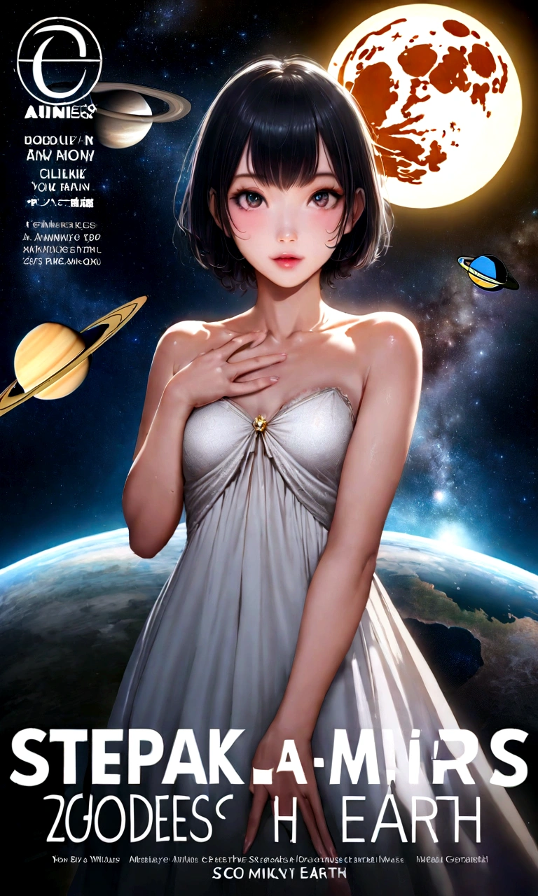 geographic magazine、scoop、A Goddess Bigger Than a Small Earth、Neat、Pure white long dress、Hold the Earth in your hand and bring it to your mouth、universe space、Sexy pose、Small breasts、Realistic、Magazine Cover、anime、リアルanimeスタイル、short hair、Black Hair、Cute woman、Beauty、model、Portrait、Steamy、steam、Japanese Idol、20th Generation、Milky Way、nebula、Mars、Saturn、moon、Spectacular atmosphere、animeキャラクターのポスター
