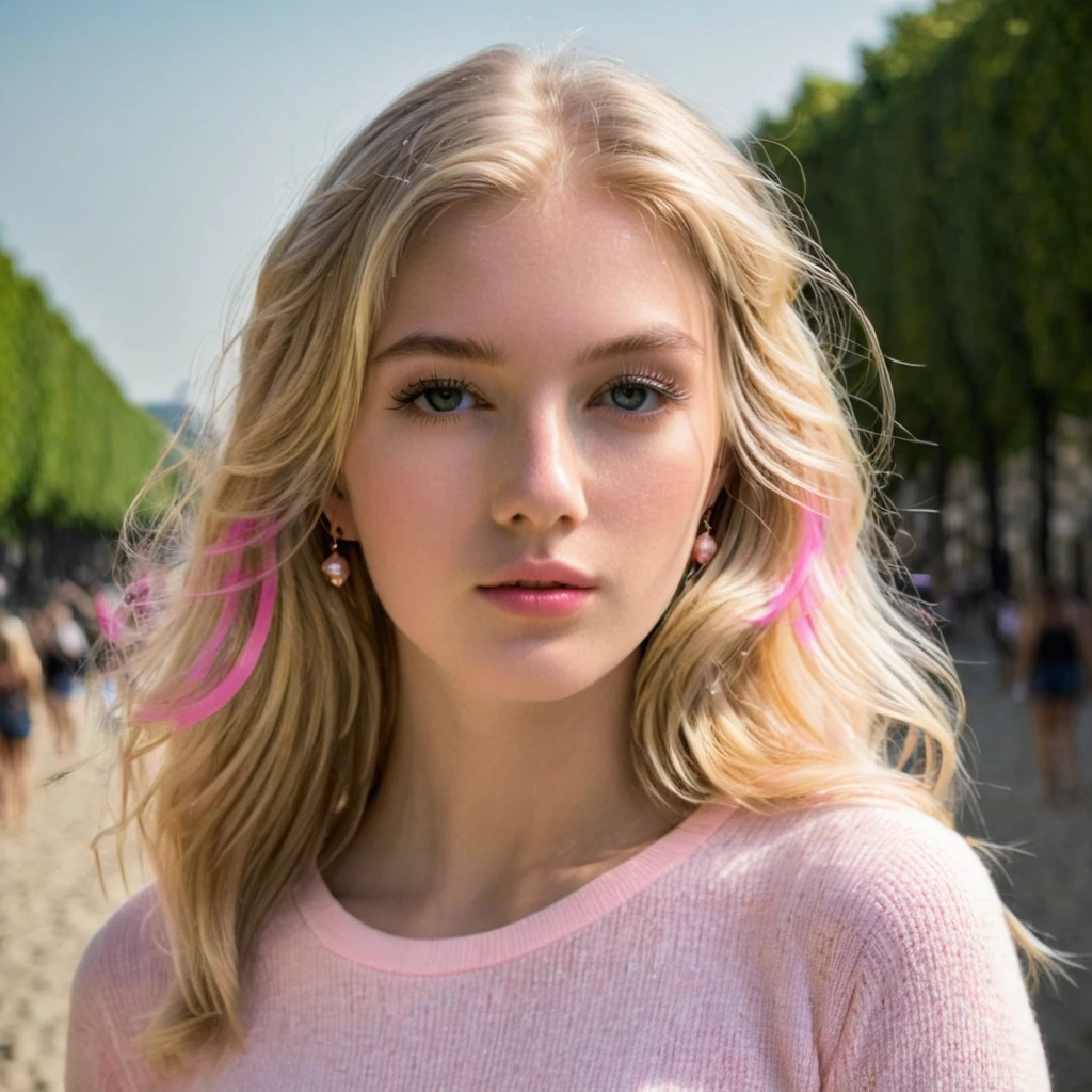 Un portrait photoréaliste d'une jeune blonde de 21 ans avec de longs cheveux blanc et rose  et des yeux sombres saisissants. Elle doit avoir une expression naturelle et accessible et être éclairée par la douce lumière du soleil dorée. L’arrière-plan doit être un décor extérieur pittoresque, peut-être un parc ou une plage ensoleillée. Capturez cette image avec une photographie haute résolution pour une perspective flatteuse tous son corp apparait elle est en jupe dans les rue de paris l'arriere plan doit étre naturelle comme dans la vrai vie