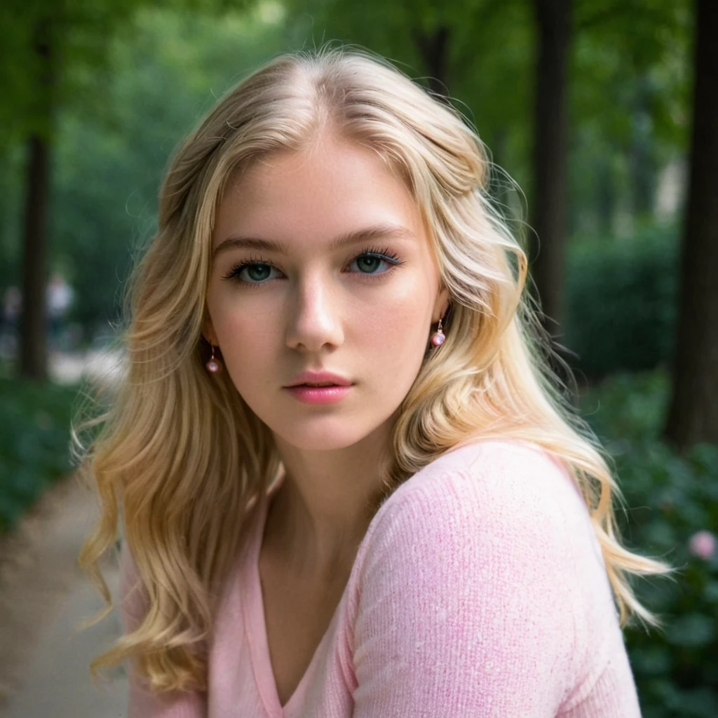 Un portrait photoréaliste d'une jeune blonde de 21 ans avec de longs cheveux blanc et rose et des yeux sombres saisissants. Elle doit avoir une expression naturelle et accessible et être éclairée par la douce lumière du soleil dorée. L’arrière-plan doit être un décor extérieur pittoresque, peut-être un parc ou une plage ensoleillée. Capturez cette image avec une photographie haute résolution pour une perspective flatteuse tous son corp apparait elle est en jupe dans les rue de paris l'arriere plan doit étre naturelle comme dans la vrai vie