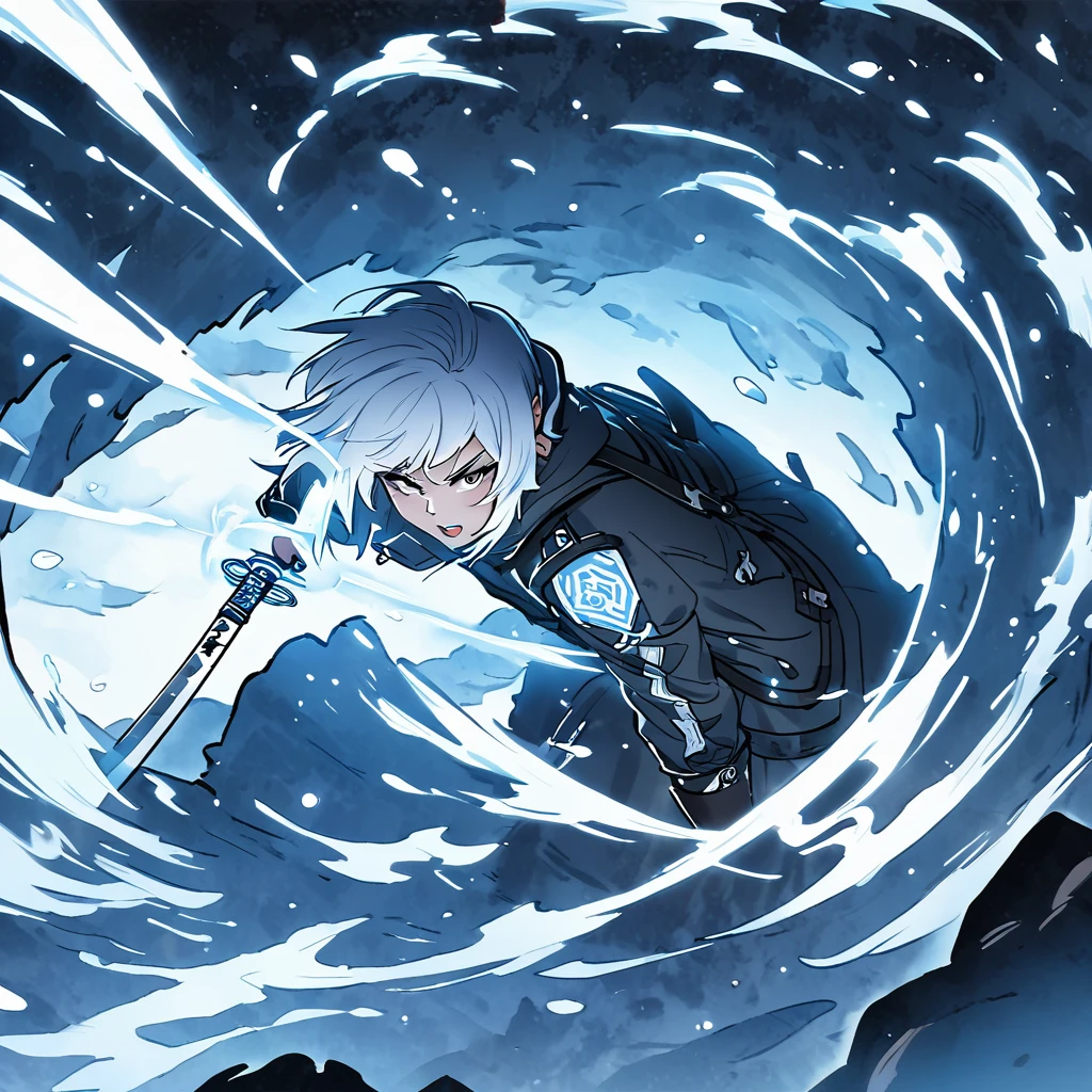 (Masterpiece), (Best Quality) Dungeonpunk, white portal,
Boy with white hair, dark shaped eyes, Black clothing with white details, standing backwards, se aproximando ao pequeno white portal que está logo a frente, katana, eletrecixade, inside a cave, Dungeonpunk