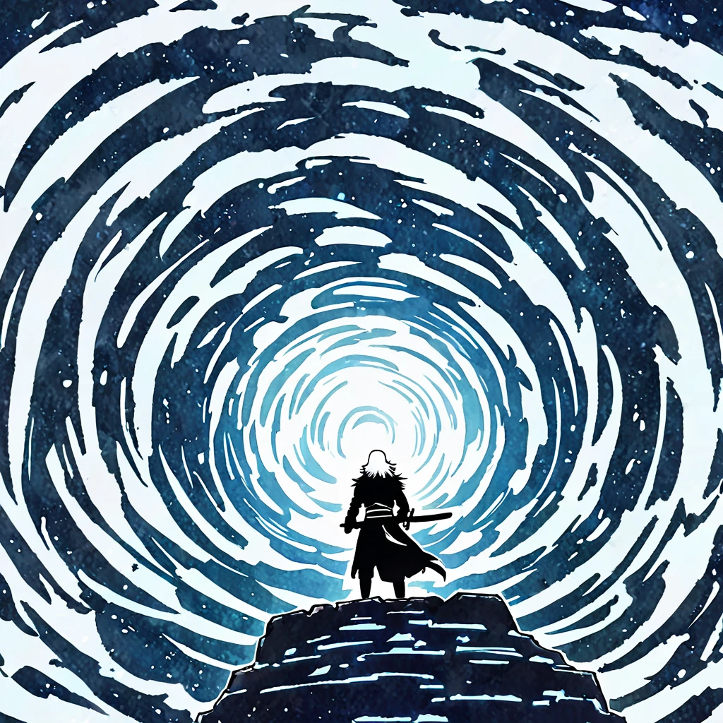 (Masterpiece), (Best Quality) Dungeonpunk, white portal,
Boy with white hair, dark shaped eyes, Black clothing with white details, standing backwards, se aproximando ao pequeno white portal que está logo a frente, katana, eletrecixade, inside a cave, Dungeonpunk