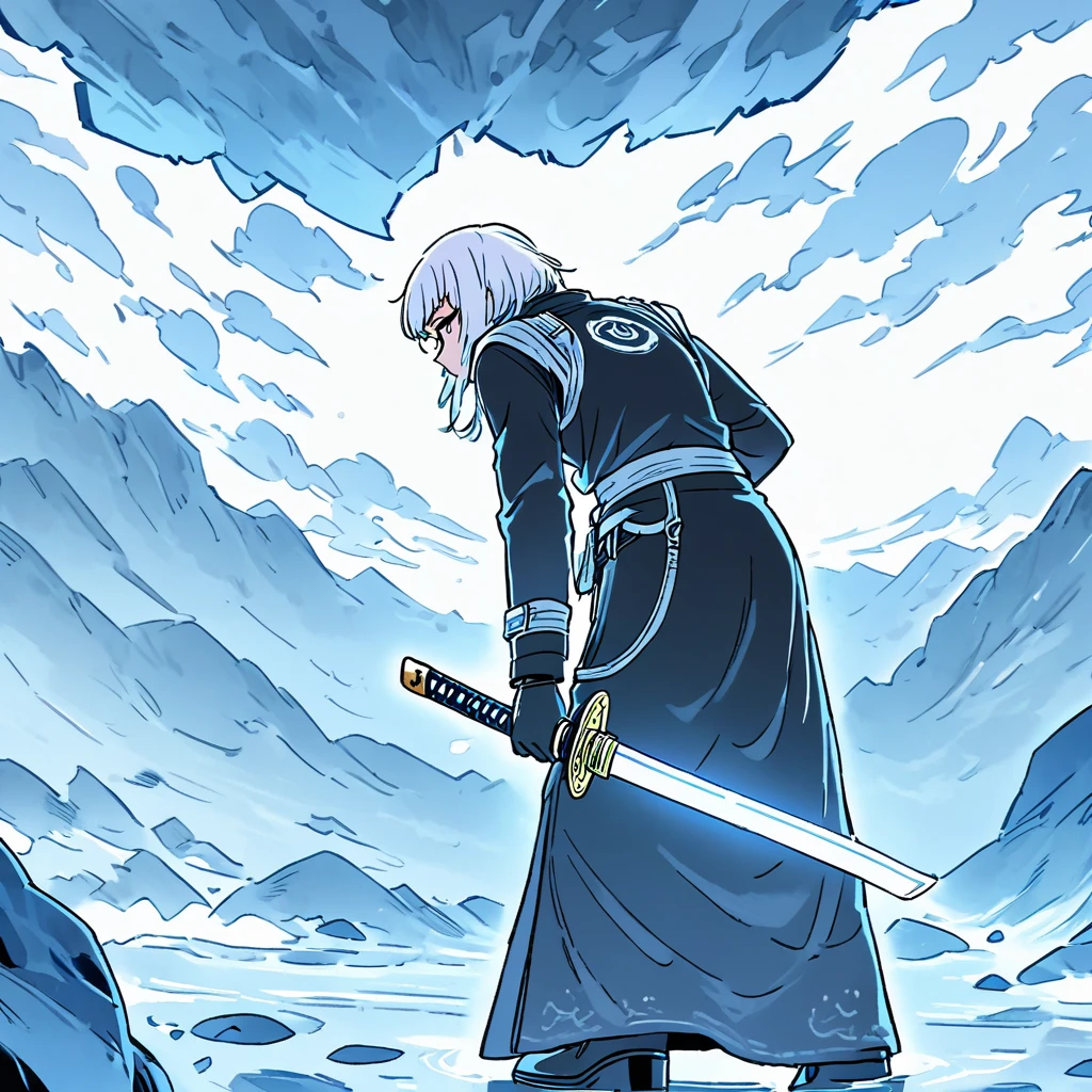 (Masterpiece), (Best Quality) Dungeonpunk, white portal,
Boy with white hair, dark shaped eyes, Black clothing with white details, standing backwards, se aproximando ao pequeno white portal que está logo a frente, katana, eletrecixade, inside a cave, Dungeonpunk