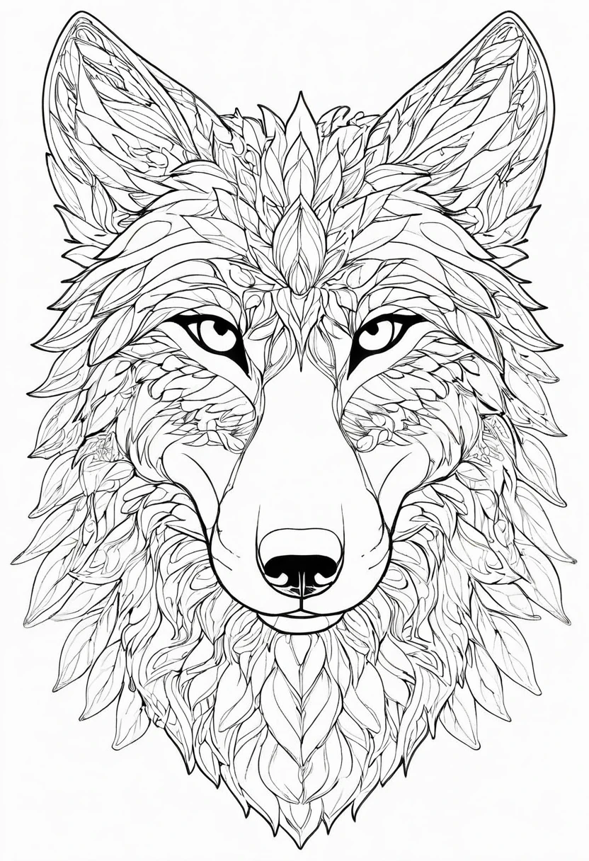 a coloring page of a wolf with leaves, line art coloring page, anthro wolf face, hyper detailed wolf face, bold linear, Intricately detailed fur, alpha wolf head, Detailed line art, coloring page, clean linear, wolf head, Plantilla Wolf lineart base, Coloring book outline, intricate linear, lineal simple