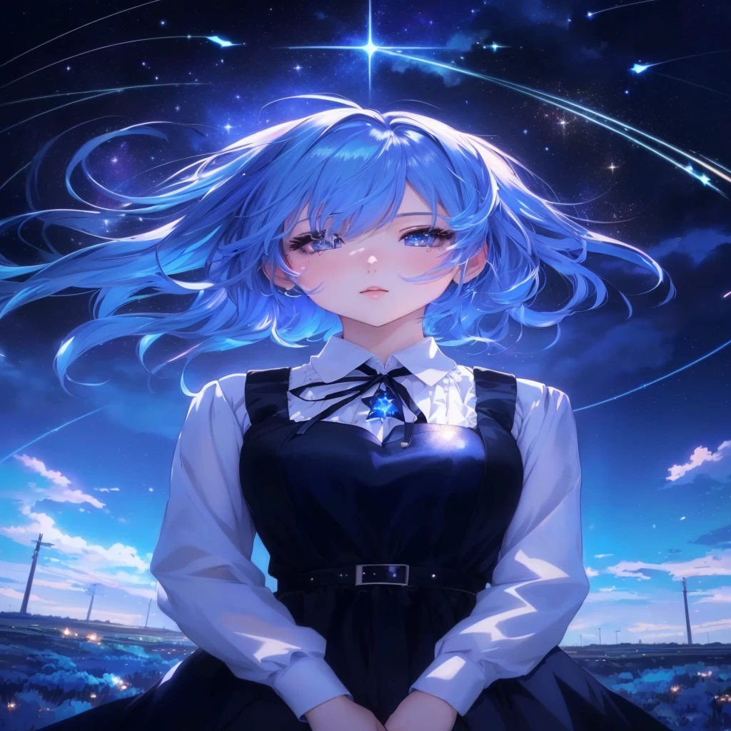 Anime girl with blue hair and black dress standing in front of a starry sky, Anime Moe Art Style, Anime Style 4k, Anime Art Wallpapers 8K, 4k anime wallpaper, anime art wallpaper 4k, anime art wallpaper 4k, anime wallpaper 4k, anime wallpaper 4k, 4K Manga Wallpapers, Best anime 4k konachan wallpaper