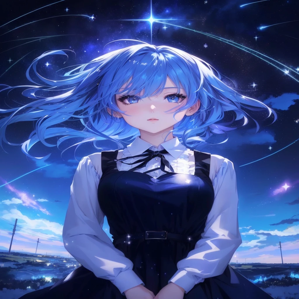 Anime girl with blue hair and black dress standing in front of a starry sky, Anime Moe Art Style, Anime Style 4k, Anime Art Wallpapers 8K, 4k anime wallpaper, anime art wallpaper 4k, anime art wallpaper 4k, anime wallpaper 4k, anime wallpaper 4k, 4K Manga Wallpapers, Best anime 4k konachan wallpaper