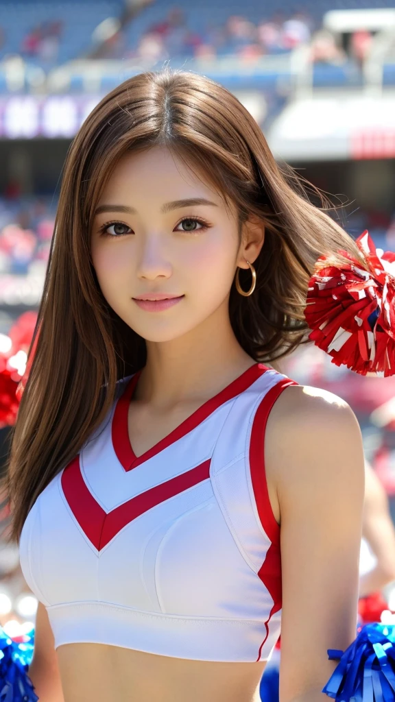 Photorealistic、Masseter muscle area、Highest quality、High resolution、RAW Photos、Realistic、Bright lighting、Face Light、Smooth Professional Lighting、Japanese women、Beautiful woman、Modeled、gravure、sexy、so beautiful、Realisticで美しい肌、Beautiful and detailed、Detailed face、slim、medium、short hair、Brunette colored hair、Brown eyes、looking at the camera、Cheerleader、Cheerleader、Cheerleader