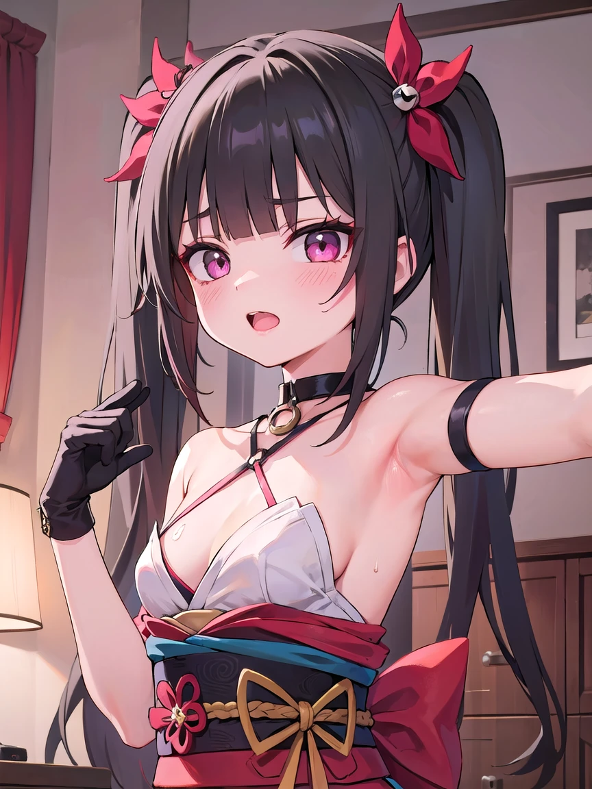 ((masterpiece,best quality)),high resolution,ultra detailed,8k,16k,detailed background, perfect lighting,detailed beautiful eyes,1girl,nsfw,embarrassed,blush,look at viewer,from front,face focus,fisheye lens,steam,sweat,confused,(cum on armpits:1.2),(show off armpits,upper body:1.4),naughty face,wavy mouth,open mouth,sparkle \(honkai: star rail\),(twintails, hair ornament,off shoulder kimono, mask on head, detached sleeves, choker, obi, single glove, wristband, criss-cross halter, thigh strap,short stature,little_girl,small breast,black hair,twintail,red eye),(anime style:1.2),in gold hotel room