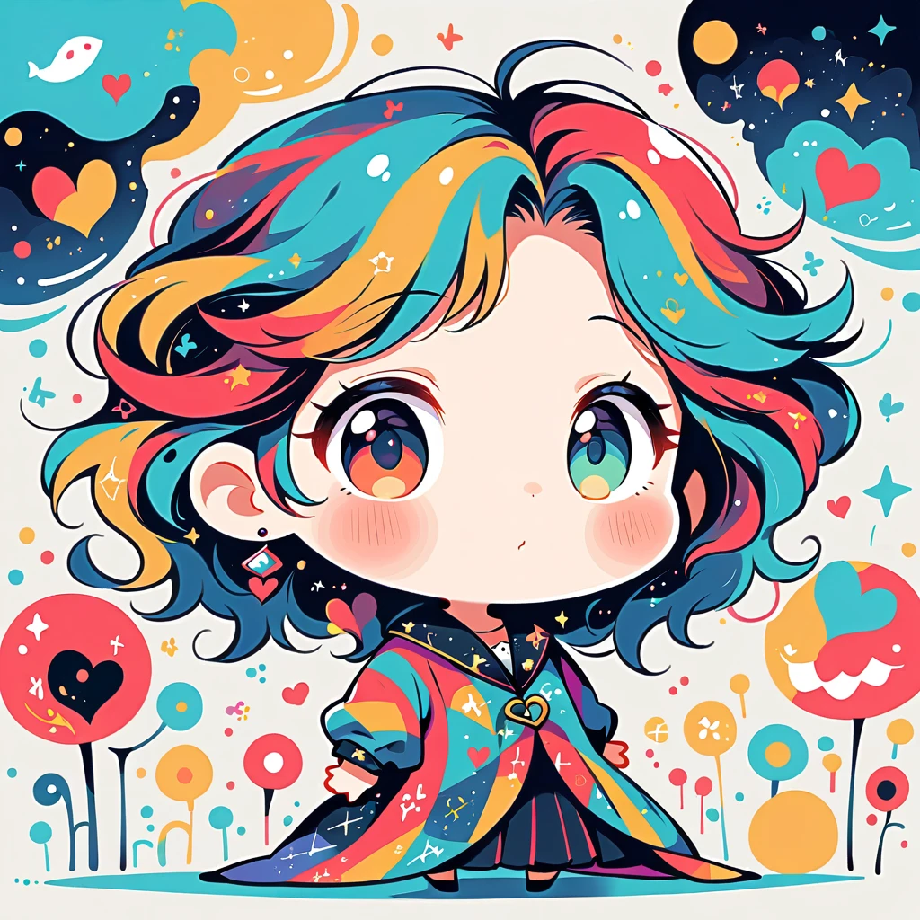 Black Star Red and White style, Simple Line Initialism,Abstract art,Urban Background, colorful hearts ,(((The most beautiful girl of all time))), (((chibi))), Looking up at the night sky, Cute amoeba.