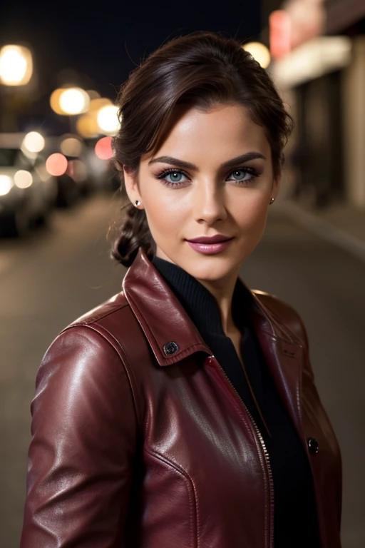 best quality, realistic, front pov, KristannaTX in a los angeles city street, (a female german supermodel), (wine red leather button jacket:1.1), seductive smile, (dark hair), (updo hair:1.0), perfect eyes, sharp details, detailed face, face makeup, cheeks blush, eyeliner, eyeshadows, lip gloss, supermodel, (deep focus), (hard lighting), (night time), (realistic lighting:1.0)