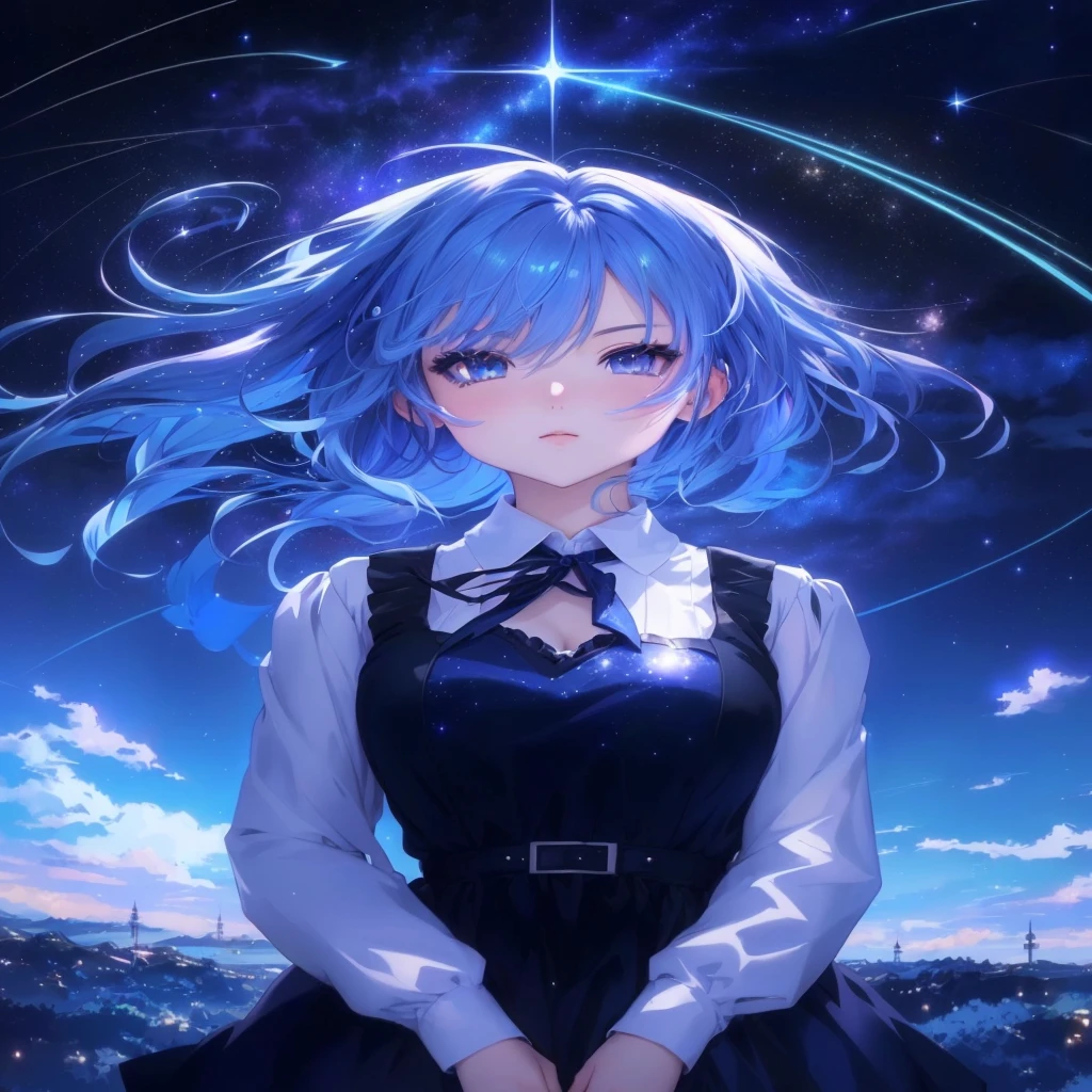 Anime girl with blue hair and black dress standing in front of a starry sky, Anime Moe Art Style, Anime Style 4k, Anime Art Wallpapers 8K, 4k anime wallpaper, anime art wallpaper 4k, anime art wallpaper 4k, anime wallpaper 4k, anime wallpaper 4k, 4K Manga Wallpapers, Best anime 4k konachan wallpaper