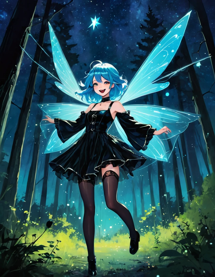 (((best quality))), (((fairy girl))), (((1girl))), (((There is a sense of dynamism))), (((flying towards here))), (((Light blue hair))), (spring in the forest), (((star night))), full body, shoot from front, smile, open mouth ,OuterWorldAI,fireflies,night sky, , Darksynth aesthetic, minimalist background, gothic makeup, (art inspired by Bill Sienkiewicz). oil painting)