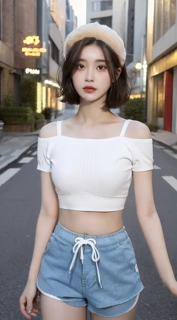 ((Highest quality, 8K, masterpiece: 1.3)), (Flower Cap: 1.3), concentrated: 1.2, Perfect Body Beauty: 1.4, Hips: 1.2, (Layered Haircut: 1.2)), (Dark Street: 1.3), Highly detailed face and skin texture, whole body, Delicate eyes, double eyelid, White skin, Long Hair, (Round face: 1.5), (loose crop top, Shorts: 1.6)