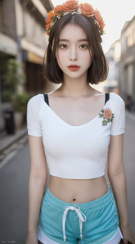 ((Highest quality, 8K, masterpiece: 1.3)), (Flower Cap: 1.3), concentrated: 1.2, Perfect Body Beauty: 1.4, Hips: 1.2, (Layered Haircut: 1.2)), (Dark Street: 1.3), Highly detailed face and skin texture, whole body, Delicate eyes, double eyelid, White skin, Long Hair, (Round face: 1.5), (loose crop top, Shorts: 1.6)