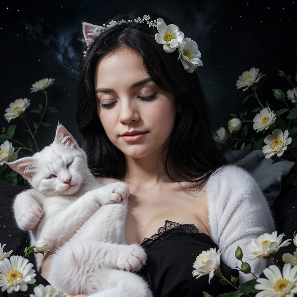 A  and a fluffy white kitten, flowers, sleeping, long black hair, night, starry sky